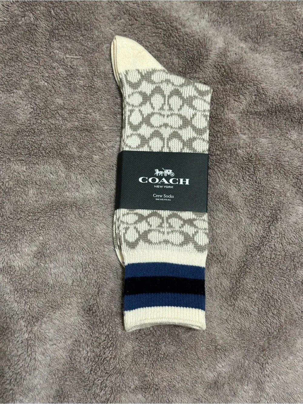 Coach Cream Crew Socks w/ Gray Monogram and Navy Stripes
